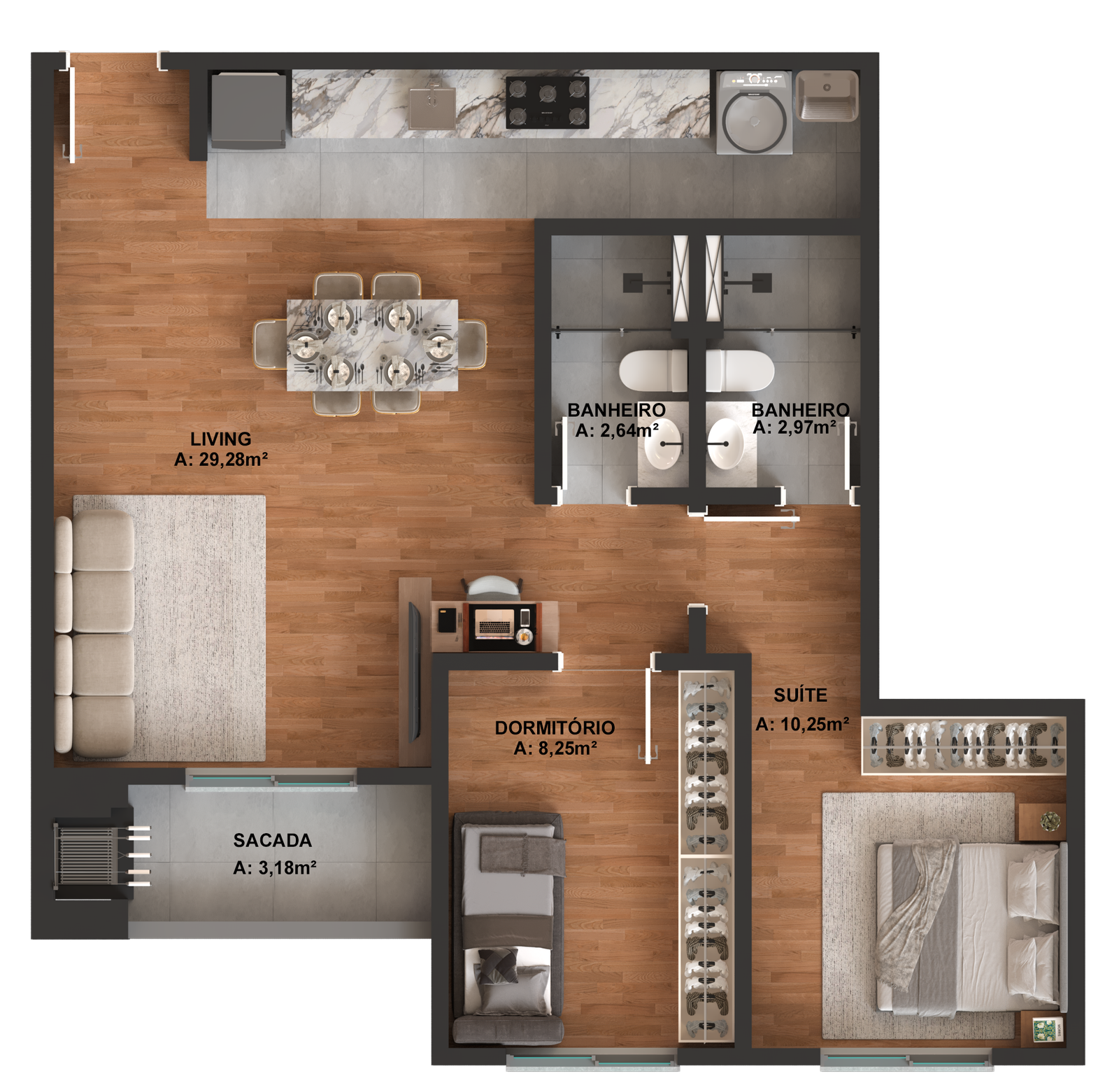 Planta baixa do apartamento final 02 e 03, com 63,94 metros quadrados